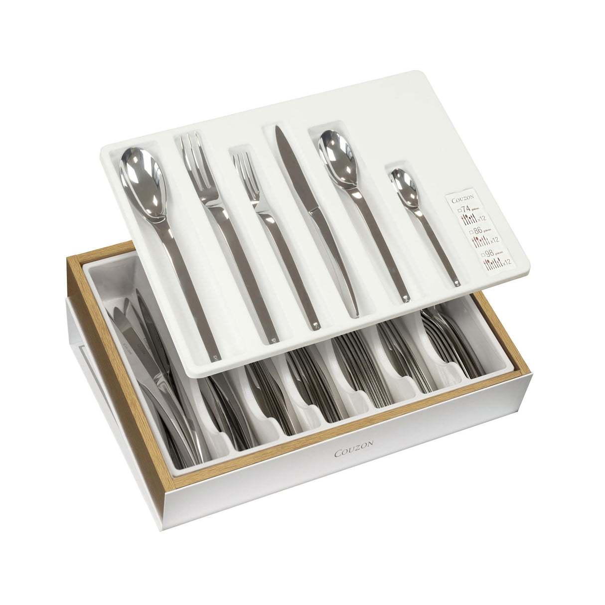 COUZON Haikou Cubertería de 50 Piezas en Estuche de Madera, Acero Inoxidable, Plateado