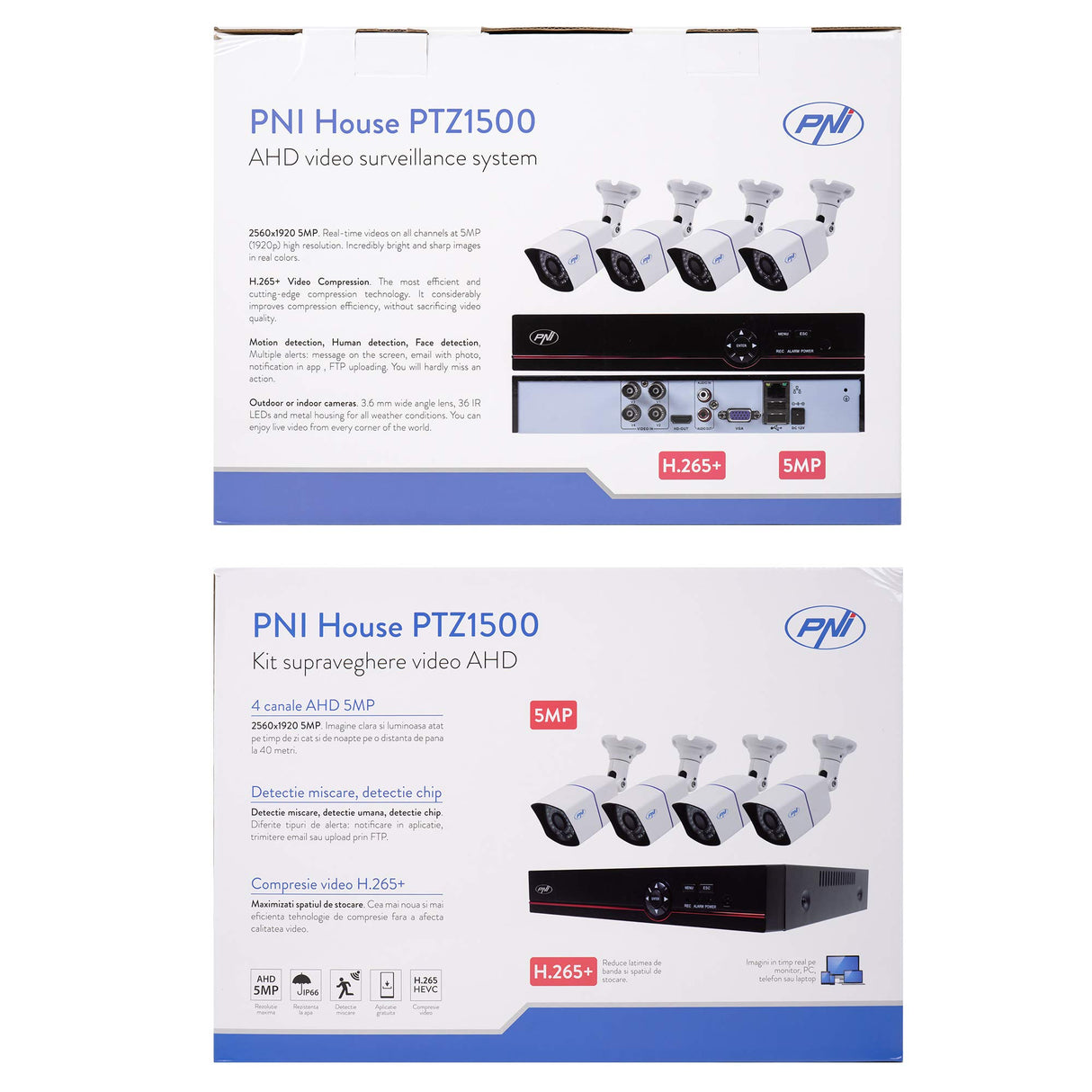 Kit de videovigilancia AHD PNI House PTZ1500 5MP - DVR y 4 cámaras de vigilancia para Exteriores,H.265, detección de rostros, detección Humana