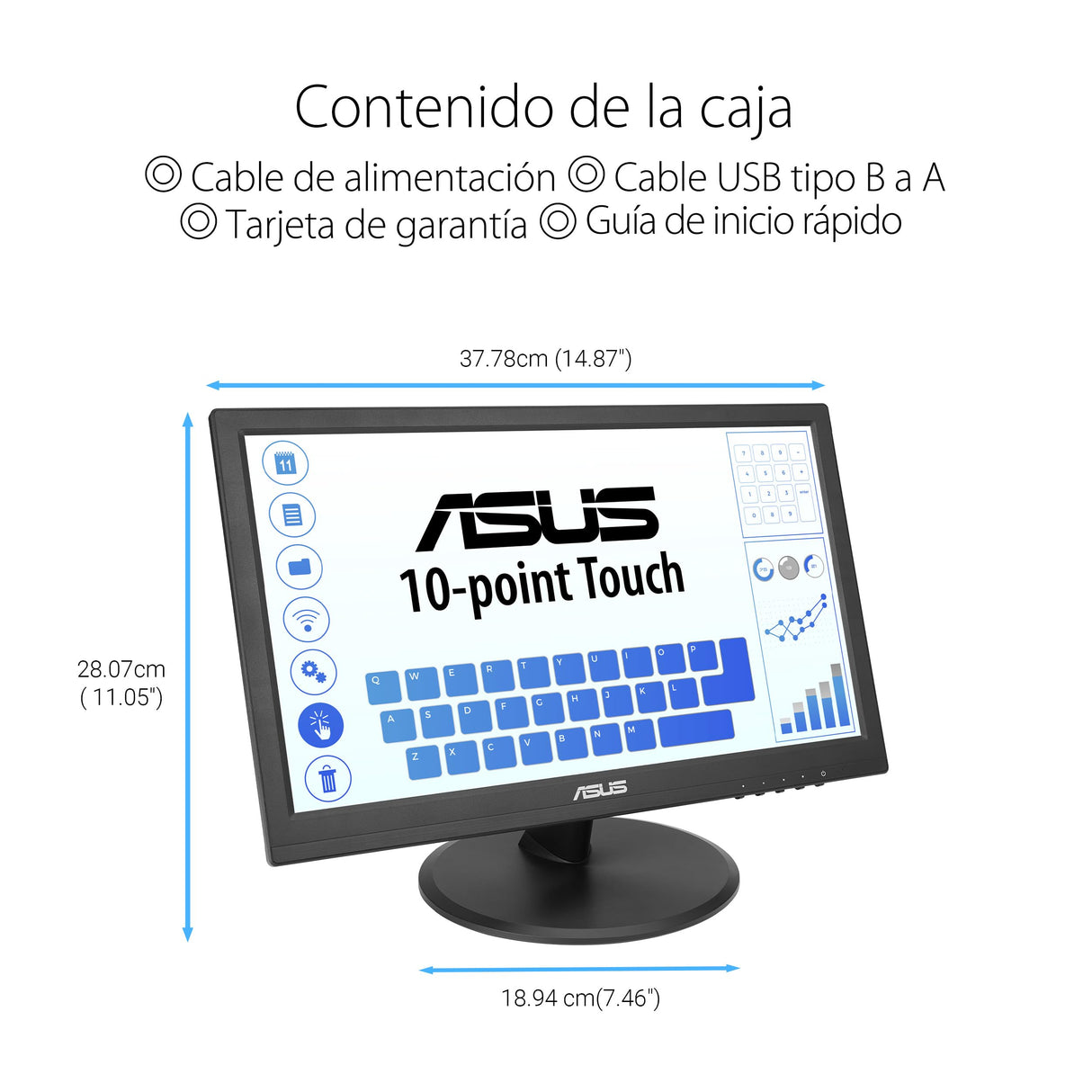 ASUS VT169HE Monitor táctil de 16" FHD (1920 x 1080), táctil de 10 Puntos, IPS, ángulo de visión Amplio, sin Marco, antiparpadeo, luz Azul Reducida, HDMI, Compatible con Windows 11
