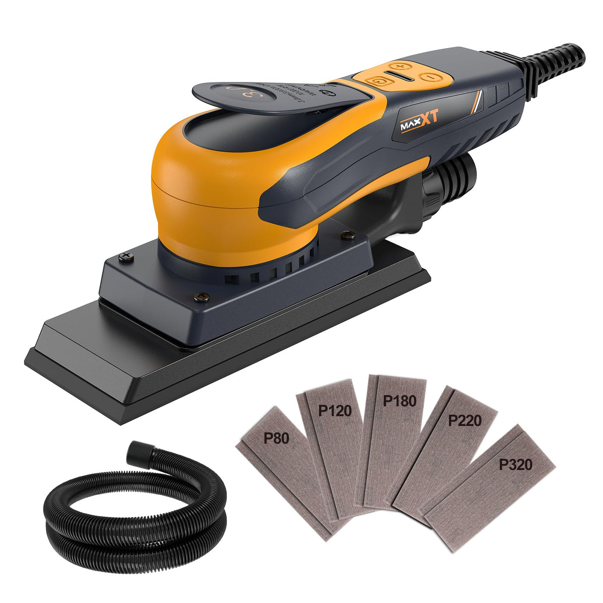 MAXXT Lijadora orbital 3.0 sin escobillas 350W, velocidad ajustable 4000-10000/RPM, freno automático 2s, recogida automática de polvo, superficie de lijado 198x70mm, 10 hojas abrasivas