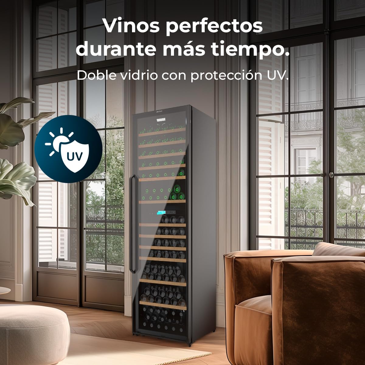 Cecotec Vinoteca 176 Botellas Bolero GrandSommelier Duo 176000 Black. Temperatura Dual, Protección UV, Alarma Temperatura, Filtro Carbón, Puerta Reversible, LED, Compresor Eficiente