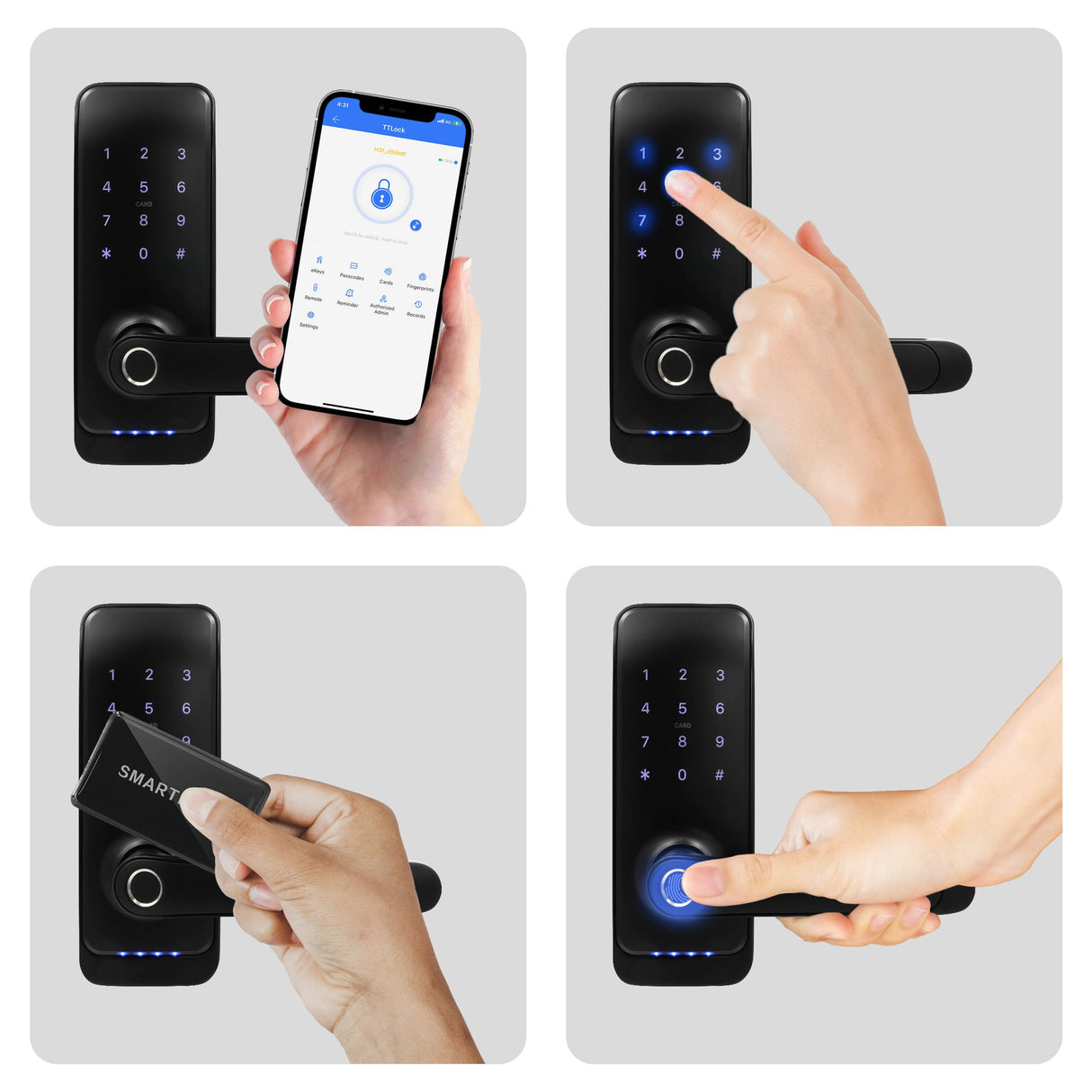 EURA ELH-01H4 Cerradura de puerta inteligente con manija Cerradura de código 13.56MHz Lector de proximidad lector biométrico IP65 Espaciado de cerrojo universal Negro