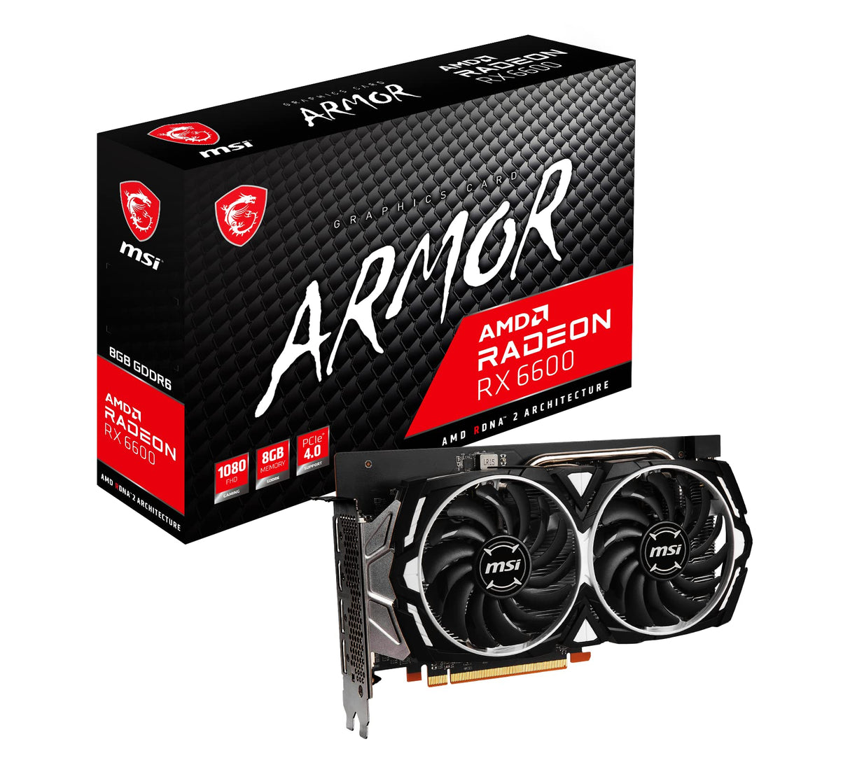 MSI Radeon RX 6600 Armor 8G - Tarjeta gráfica para Videojuegos (AMD RX 6600, GPU 2044/2491 MHz, Memoria DDR6 de 8000 MB)