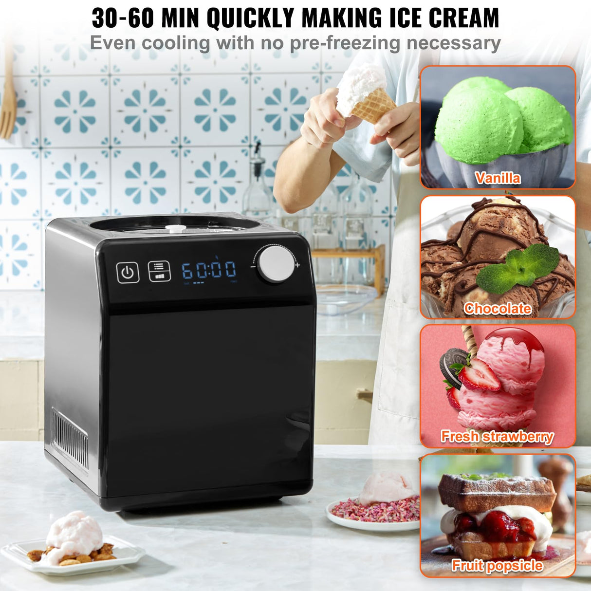 VEVOR Máquina Automática para Hacer Helados 2L Heladera Eléctrica Profesional 180W Máquina para Hacer Helados Pantalla LCD Preparación Rápida sin Precongelación para Hacer Sorbete Yogur Helado, Negro