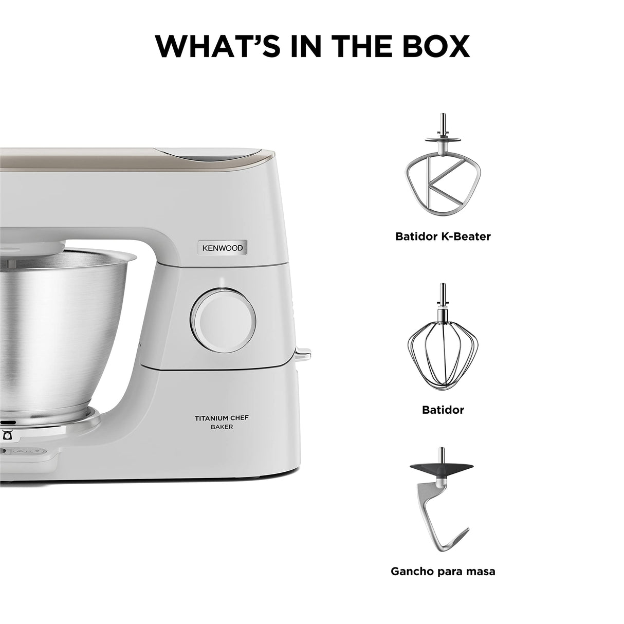 Kenwood Titanium Chef Baker KVC65.001WH - Robot de cocina con báscula integrada (1200 W, incluye 3 utensilios de pastelería, espátula y protector contra salpicaduras), color blanco