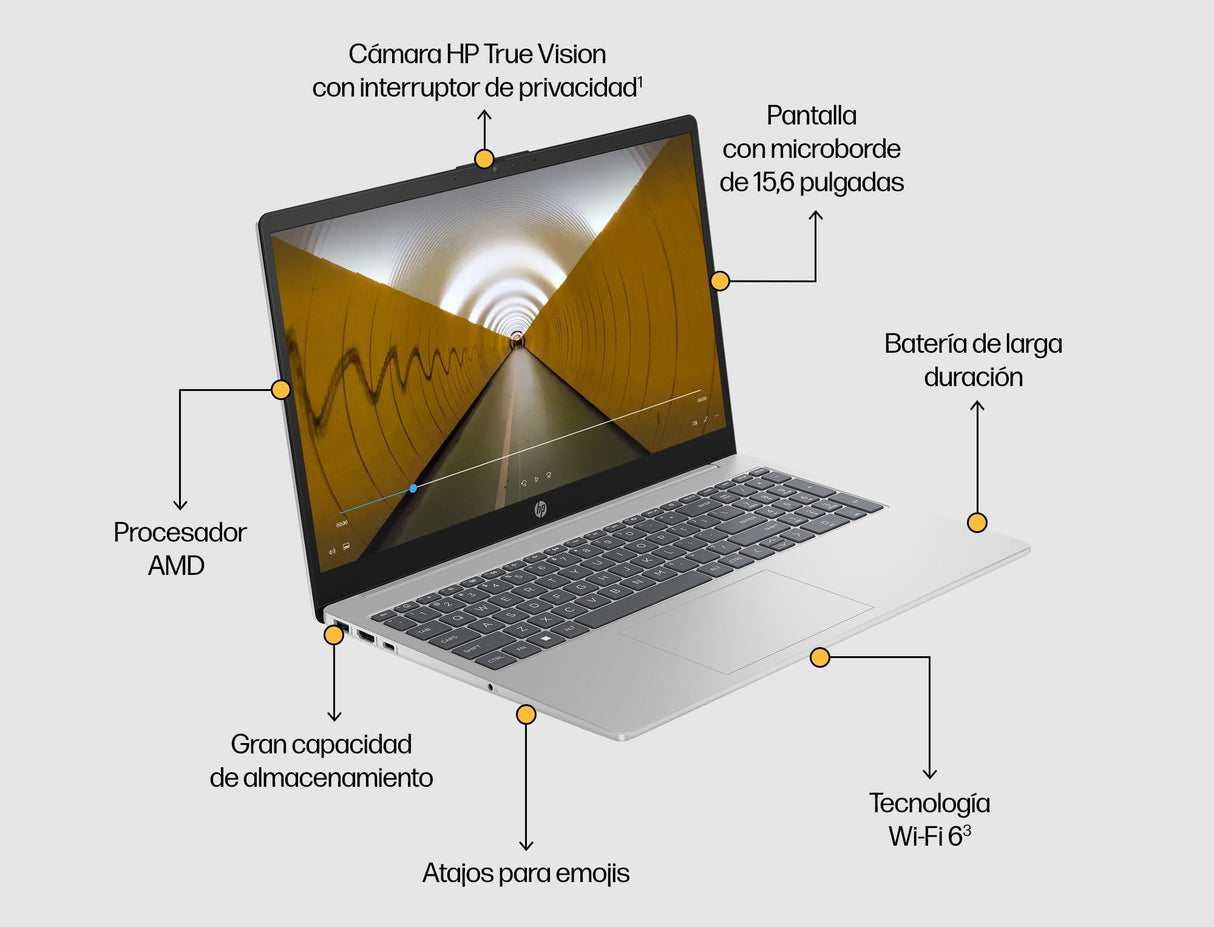 HP 15-fc0147ns - Ordenador portátil de 15.6" FHD (AMD Ryzen 5-7520U, 16 GB RAM, 1TB SSD, AMD Radeon Graphics, Sin Sistema operativo) Plata y Azul - Teclado QWERTY Español