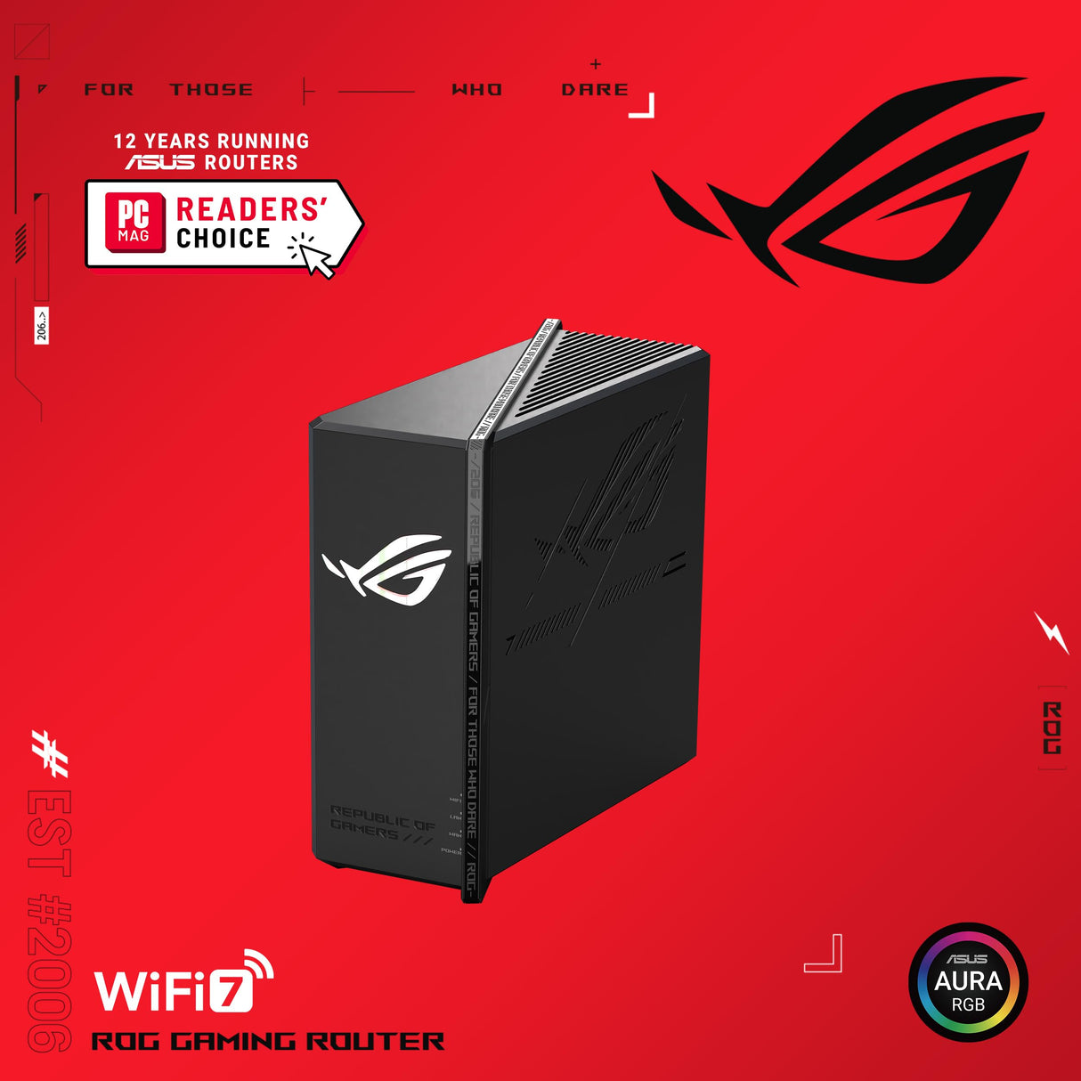 ASUS ROG Strix GS-BE18000 Router Gaming WiFi 7 tribanda, 18000 Mbps, Cobertura de hasta 307 m2, 8 Puertos 2.5G, 2 Puertos Gaming, CPU de Cuatro núcleos a 2.0 GHz, aceleración de Juegos, VPN, AiMesh