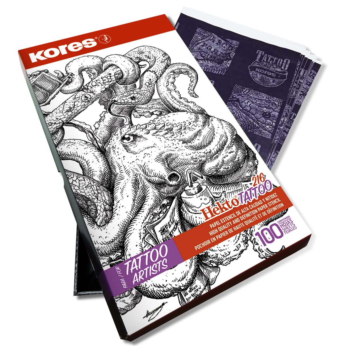 Kores - Papel de tatuaje - Hekto 216 - Papel de transferencia, plantilla con tinta morada para kit de tatuaje - No tóxico - Papel de plantilla de tatuaje - 21,5 x 36,8 cm - Caja de 100