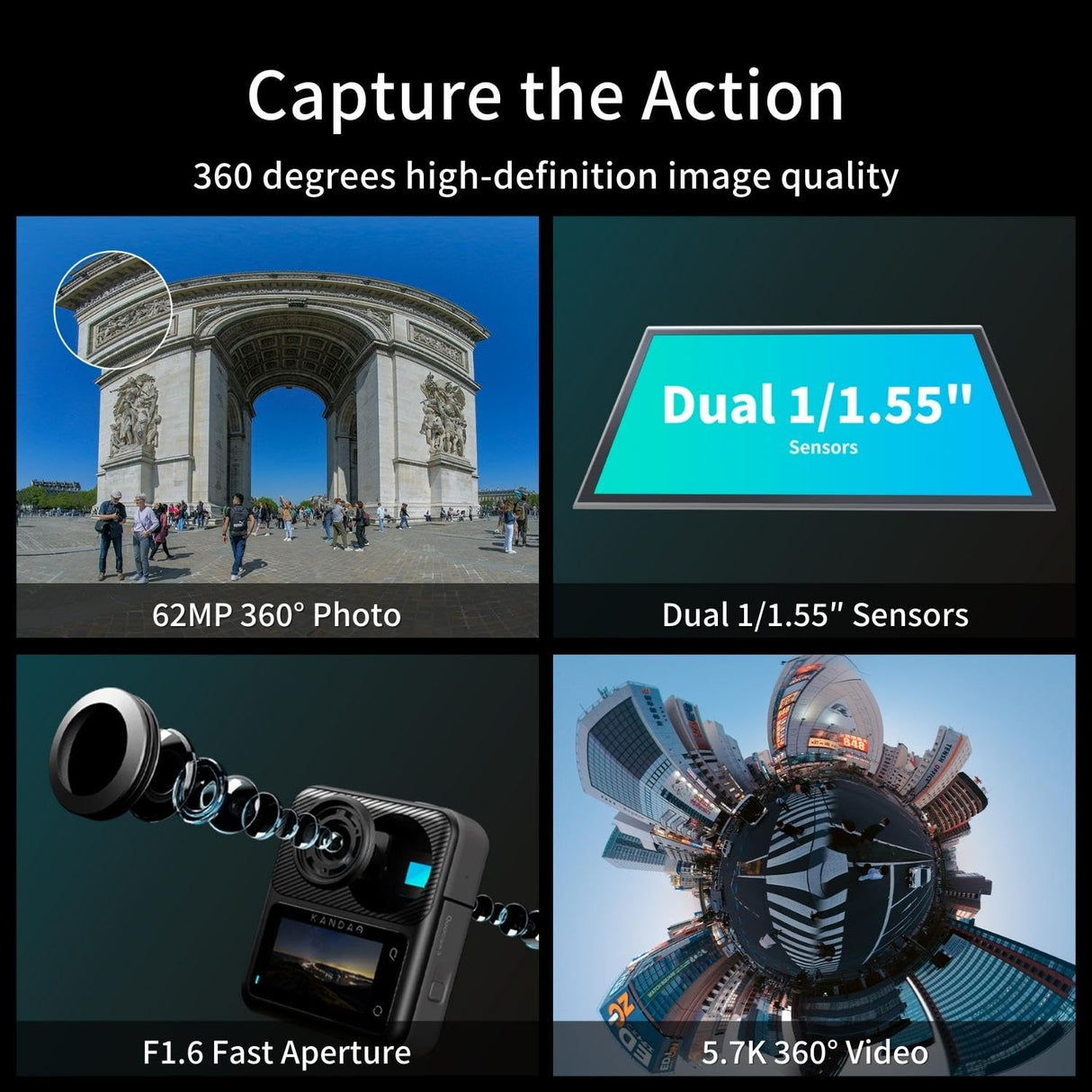 KanDao QooCam 3 CΓ‘mara de AcciΓ³n, 5.7K 62MP Foto 60fps Defectos CΓ‘mara de Video 360 CΓ‘mara Deportiva Outdoor con duales de 1/1,55 y Apertura F1.6 Mayor, Impermeable, EstabilizaciΓ³n Superfija.