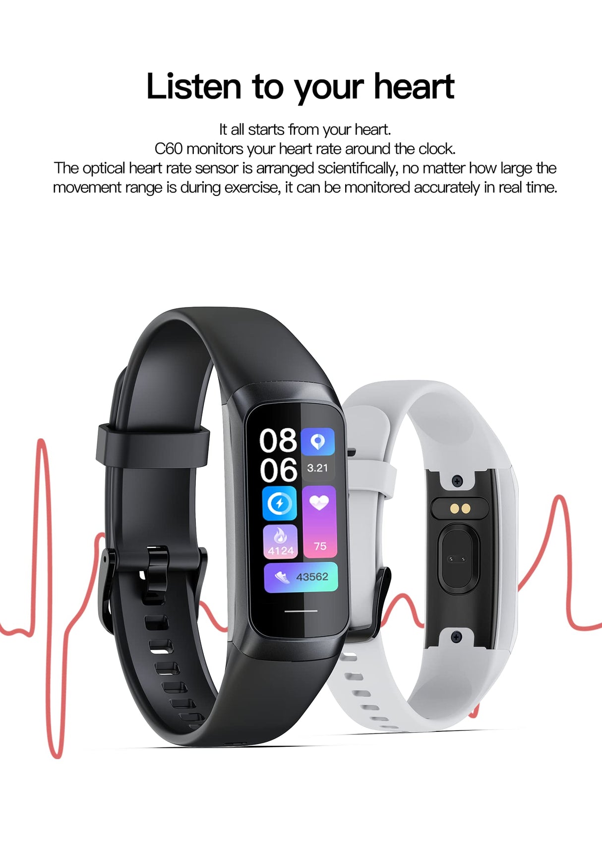 Varias Funciones Fitness Tracker Compatible con Android e iOS, GPS Smartwatch Detección de oxígeno en Sangre, Pink C60
