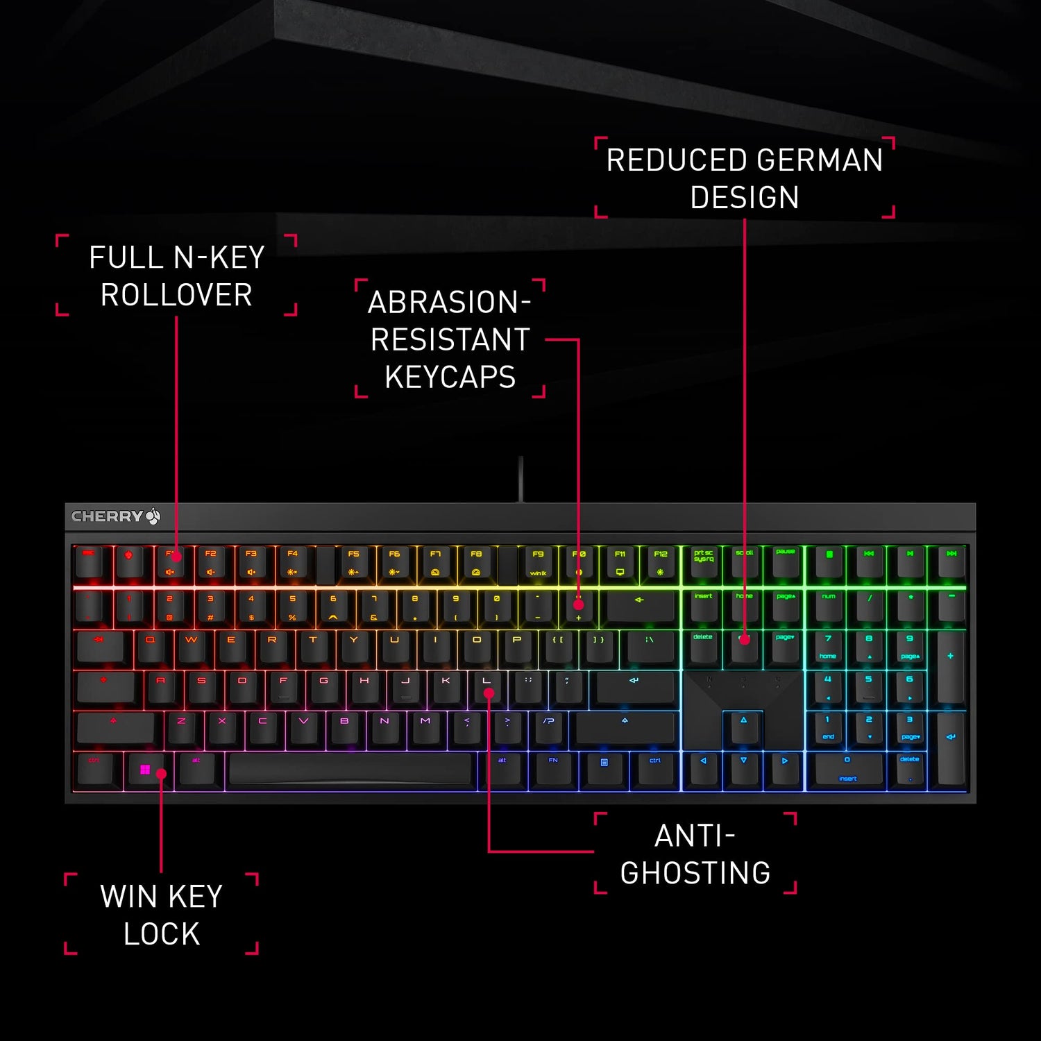 CHERRY MX 2.0S, Teclado Gaming Mecánico con Iluminación RGB, Disposición Alemania (QWERTZ), Con Cable, Diseñado en Alemania, Switches MX2A RED, Negro