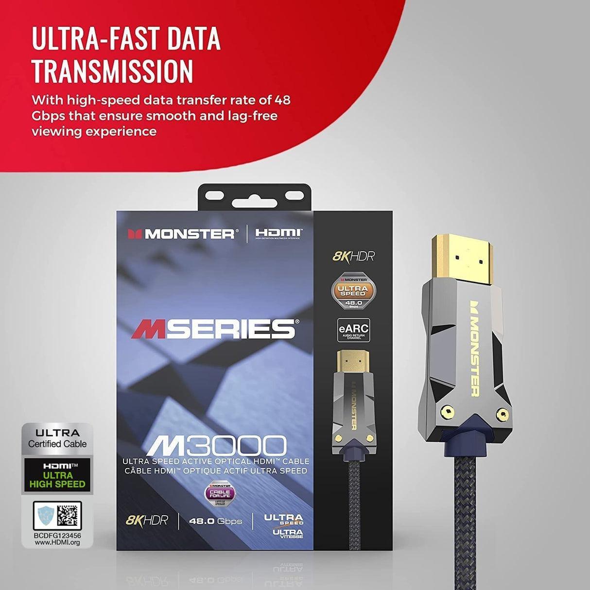 Monster Cable HDMI M3000 de 15 m, cable HDMI 8K, certificado AOC Premium 2.1, cable HDMI de ultra alta velocidad 48 Gbps, 8K a 60Hz, 4K a 120Hz, HDR, eArc, conectores dorados, cable de TV, compatible
