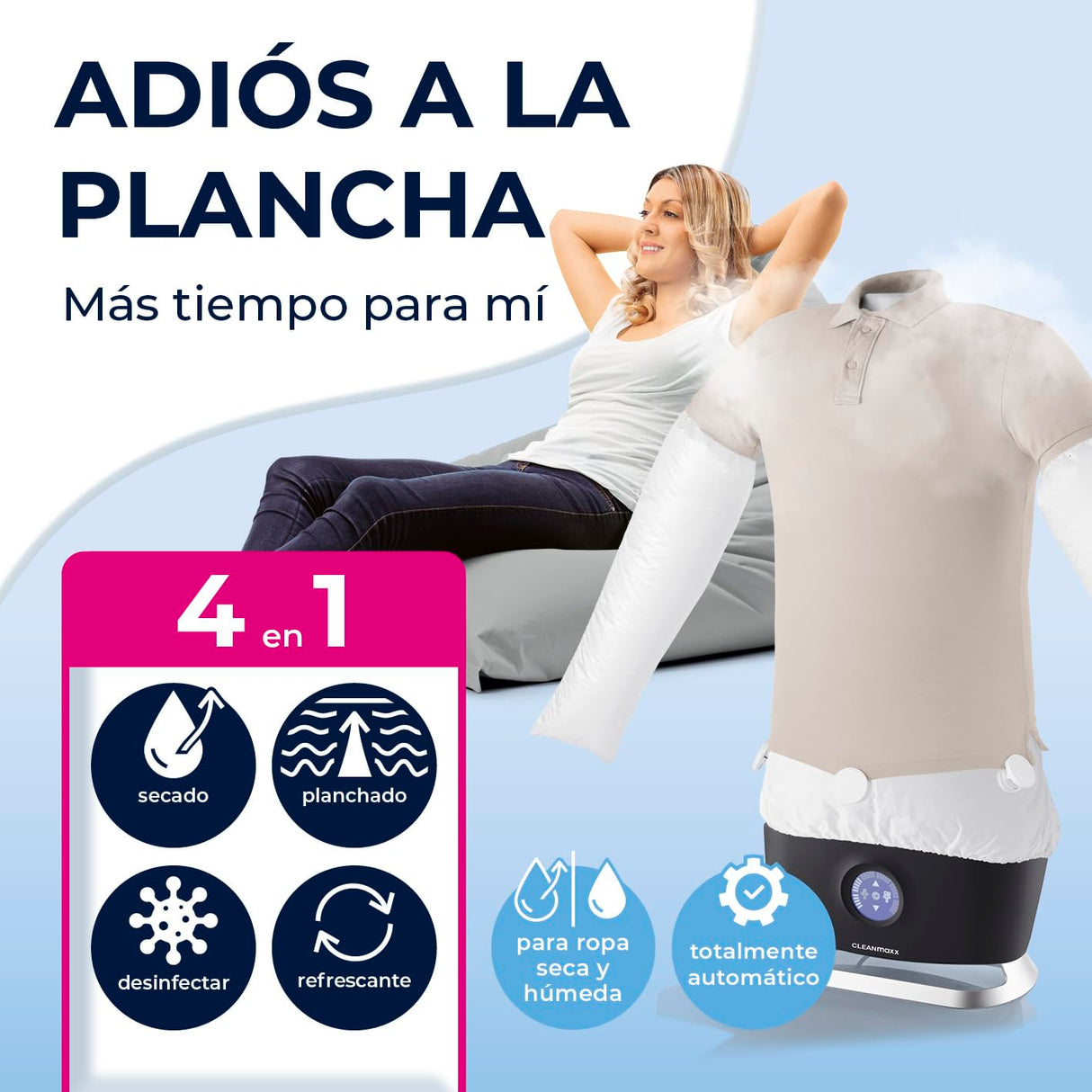 CLEANmaxx Plancha automática para camisas Pro Steam, con función de vapor y pantalla táctil, dispositivo de planchado para camisas y blusas, reduce los olores, desinfecta, alisa, seca y refresca