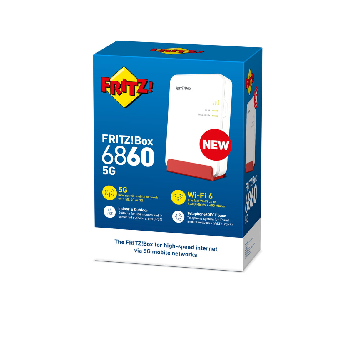 Fritz!Box 6860 5G International - Router móvil 5G/LTE con hasta 1.300 Mbps, Wi-Fi 6 con hasta 3.000 Mbps, PoE+, Carcasa a Prueba de Polvo y Salpicaduras, Base DECT, Interfaz en Español