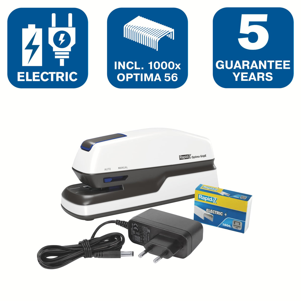 Rexel Rapid Grapadora Eléctrica Contactless Optima GripE, Grapadora Automática con 1000 Grapas Incluidas, Grapadora Color Blanco, Hasta 20 Hojas, 2102349