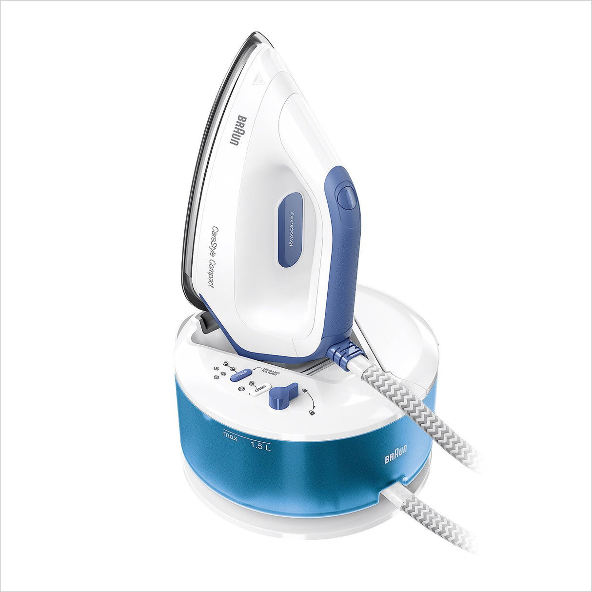 Braun CareStyle Compact Steam Generator, Plancha de Vapor con Suela FreeGlide 3D, Presión de 6 bar, Gran Depósito de Agua de 1,5 l, Función Eco, IS2143BL, Blanco Azul