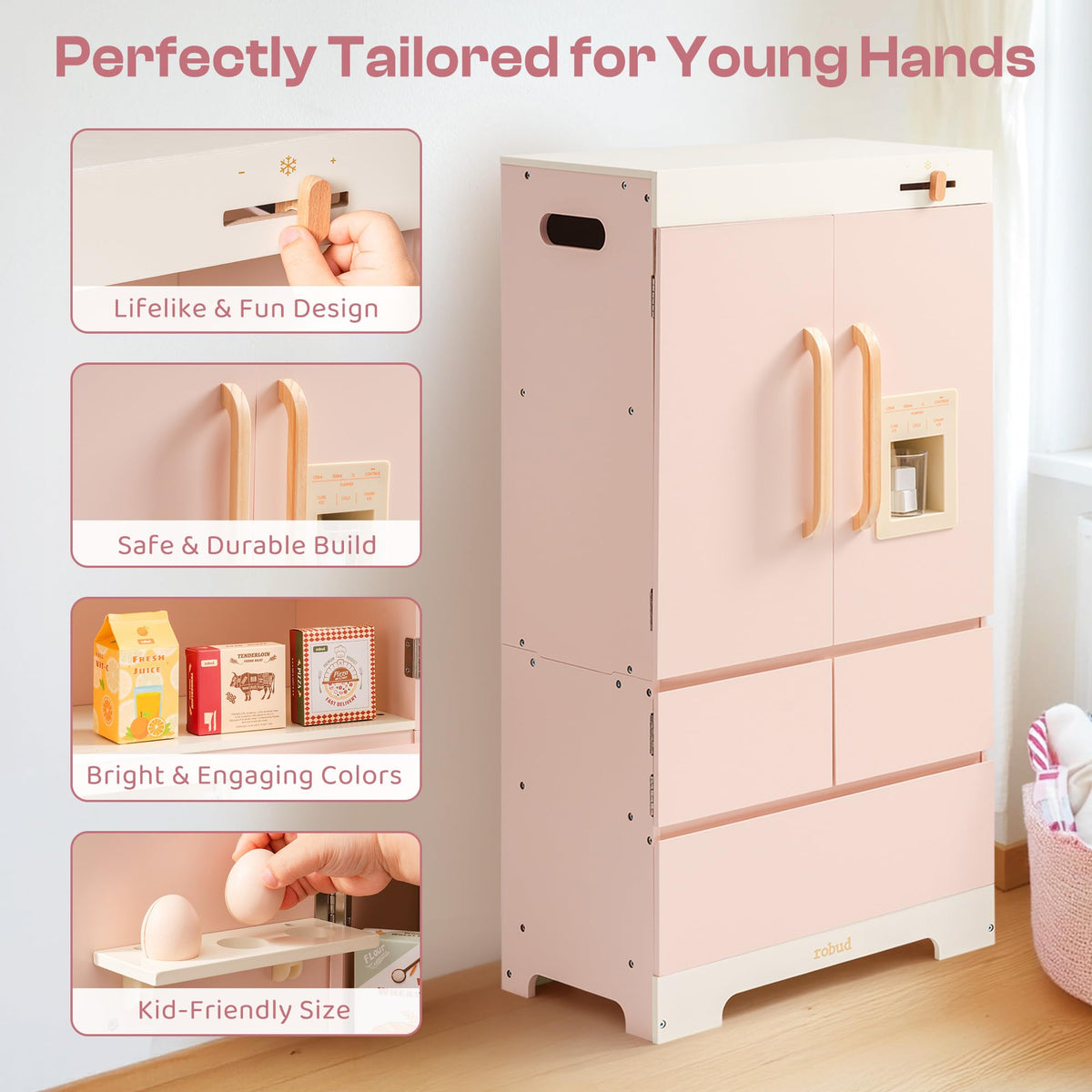 ROBUD Frigorífico de Madera - Realista e Interactivo con máquina de Hielo y Juguetes alimenticios - Apto para niños a Partir de 3 años - Rosa