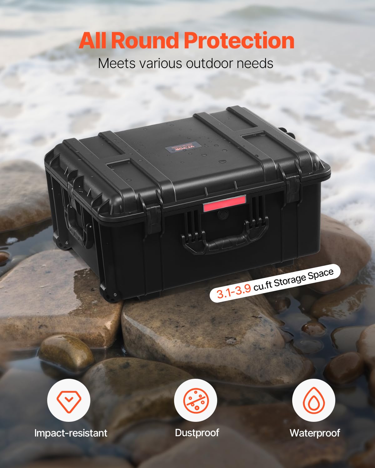 VEVOR Estuche Rígido Impermeable de 630 x 500 x 318 mm con Ruedas Giratorias y Manija Retráctil, Estuche Protector Impermeable IP67 con Clips, Orificios para Candado y Espuma Insertada, Negro