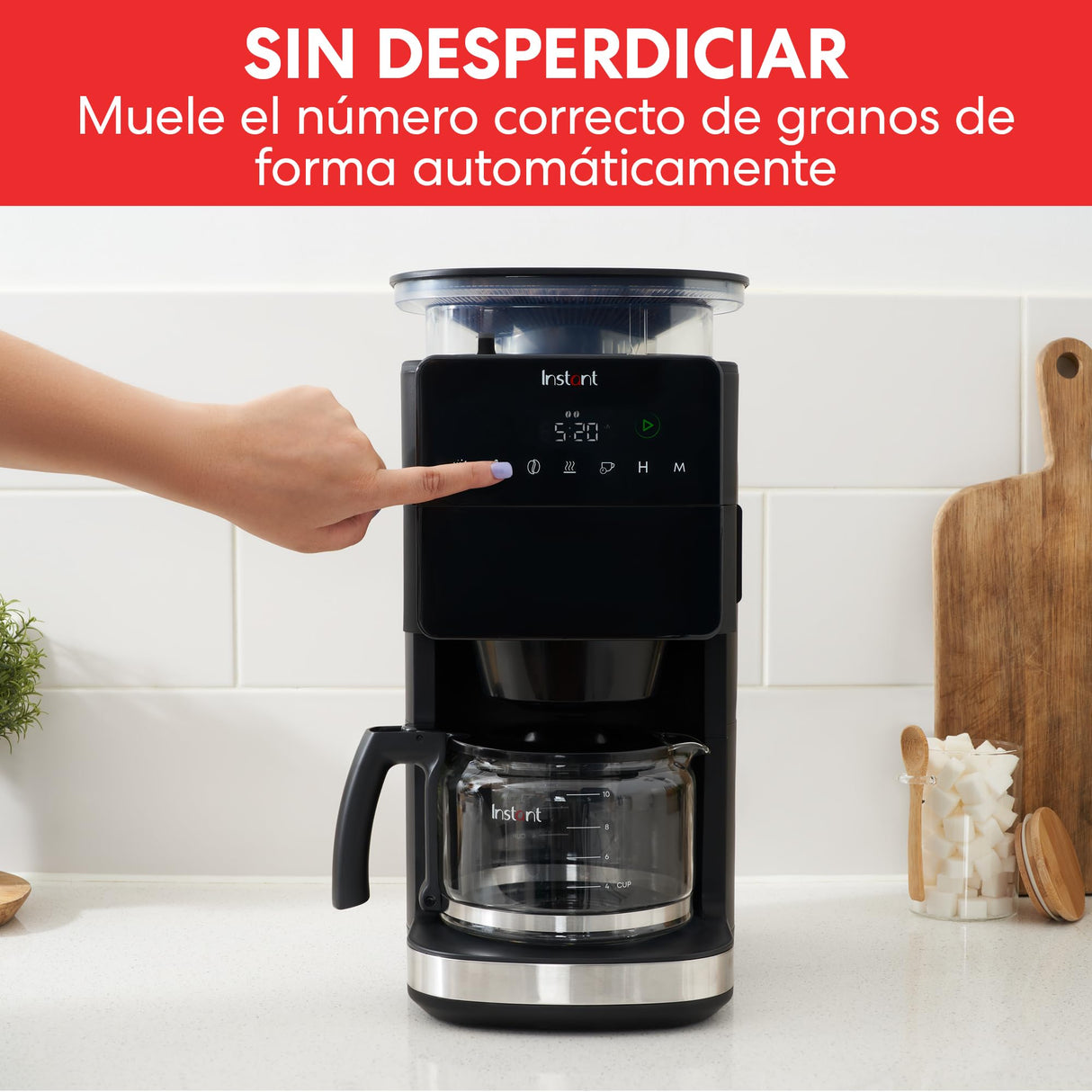 Cafetera Instant® Grind & Brew, 24 Horas Programable, 12 Tazas, Molinillo de Granos Ajustable Incorporado, Filtro Reutilizable, Pantalla Digital, Filtro de Agua, Jarra de Vidrio, Mantener Caliente