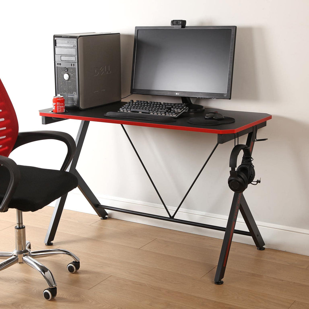 Versa Pablo Mesa Gaming para el Ordenador, Mesa para la Habitación o Estudio, Soporte Cascos y Bebida, Medidas (Al x L x An) 76 x 60 x 120 cm, Madera y Metal, Color Negro y Rojo