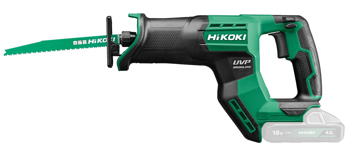 HIKOKI Akku Säbelsäge CR18DMA (18V, Sägehub: 29 mm, Leerlaufvibration: 8,7 m/sec², Sägen in Holz Ø: 300 mm, Sägen in Rohr Ø: 130 mm, Sägen in Stahl Ø:19 mm,) OHNE Akku, Ladegerät und Transportkoffer.