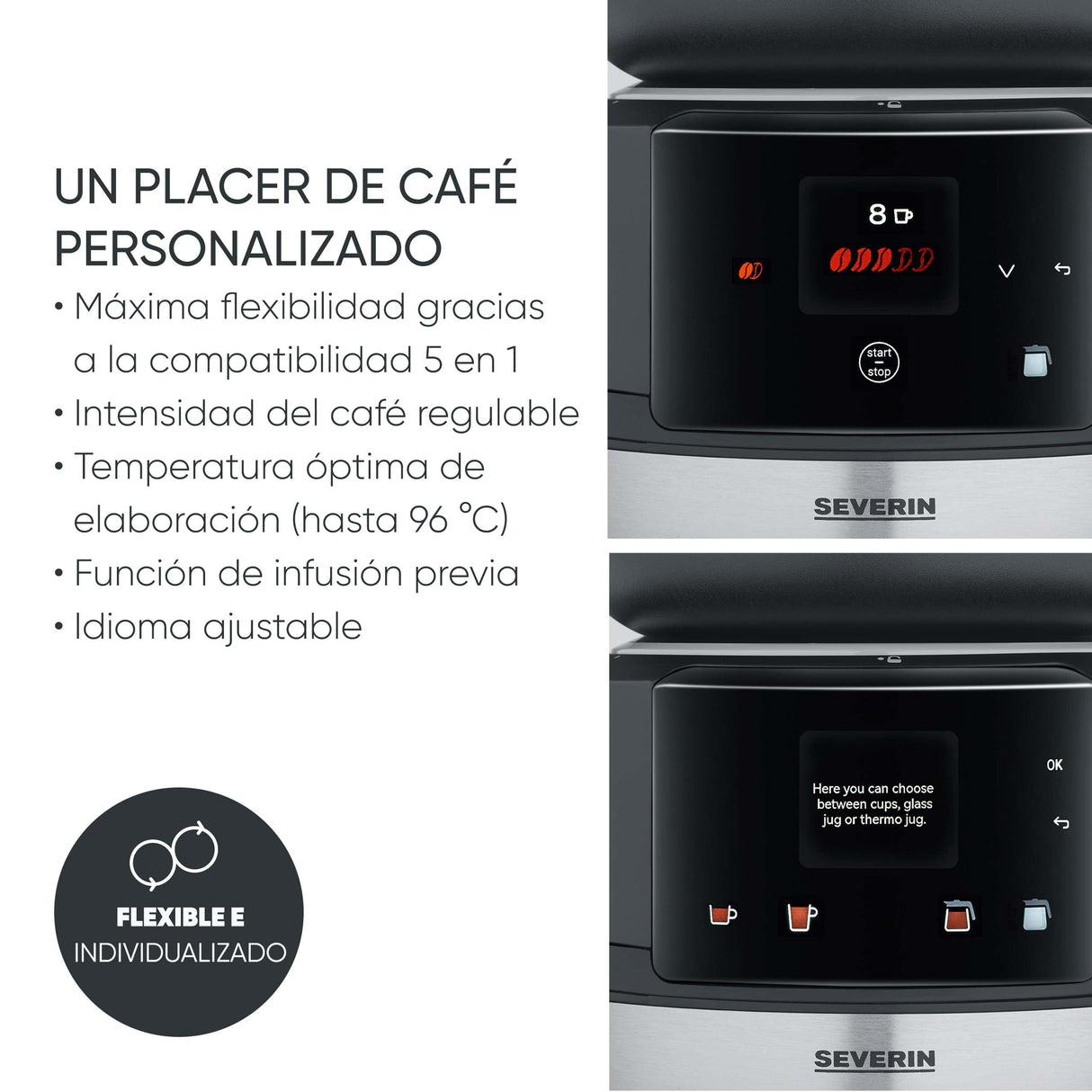 SEVERIN FILKA, cafetera de filtro totalmente automática, cafetera de filtro 5 en 1 con pantalla LED, molinillo, con jarra termo, negro mate/acero inoxidable, KA 9695