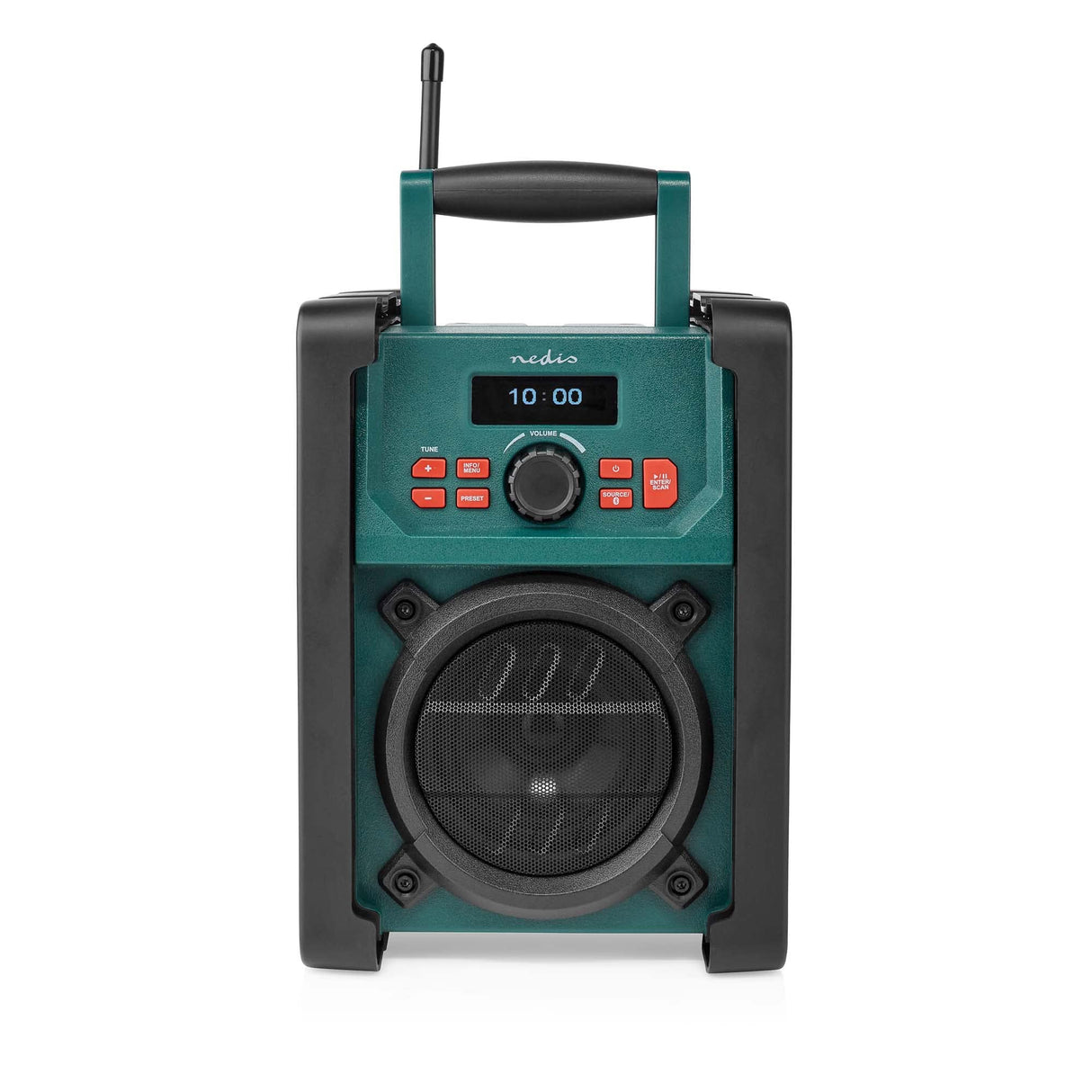 Nedis Dab + Radio | Mesa de ejecución | Dab+ / FM | 2.2" | Monitor Blanco | Funciona con Pilas/Fuente de alimentación de Red | Digital | 15 W | Bluetooth | Despertador | IP65 | Asa de Transporte |