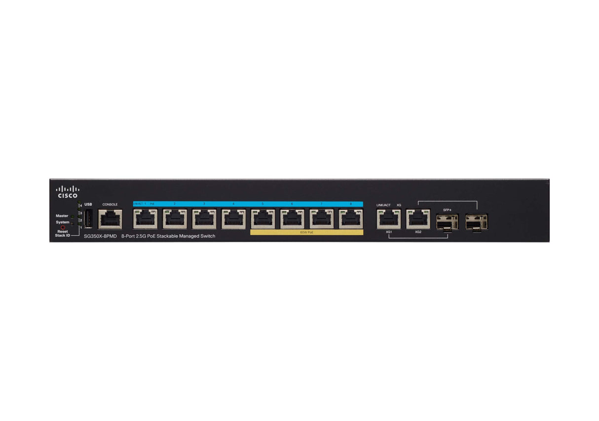 Switch administrado apilable SG350X-8PMD de Cisco con 8 puertos multigigabit de 2,5 G más PoE de 240 W, 2 SPF+ de combinación de 10 G, protección limitada de por vida (SG350X-8PMD-K9-EU)