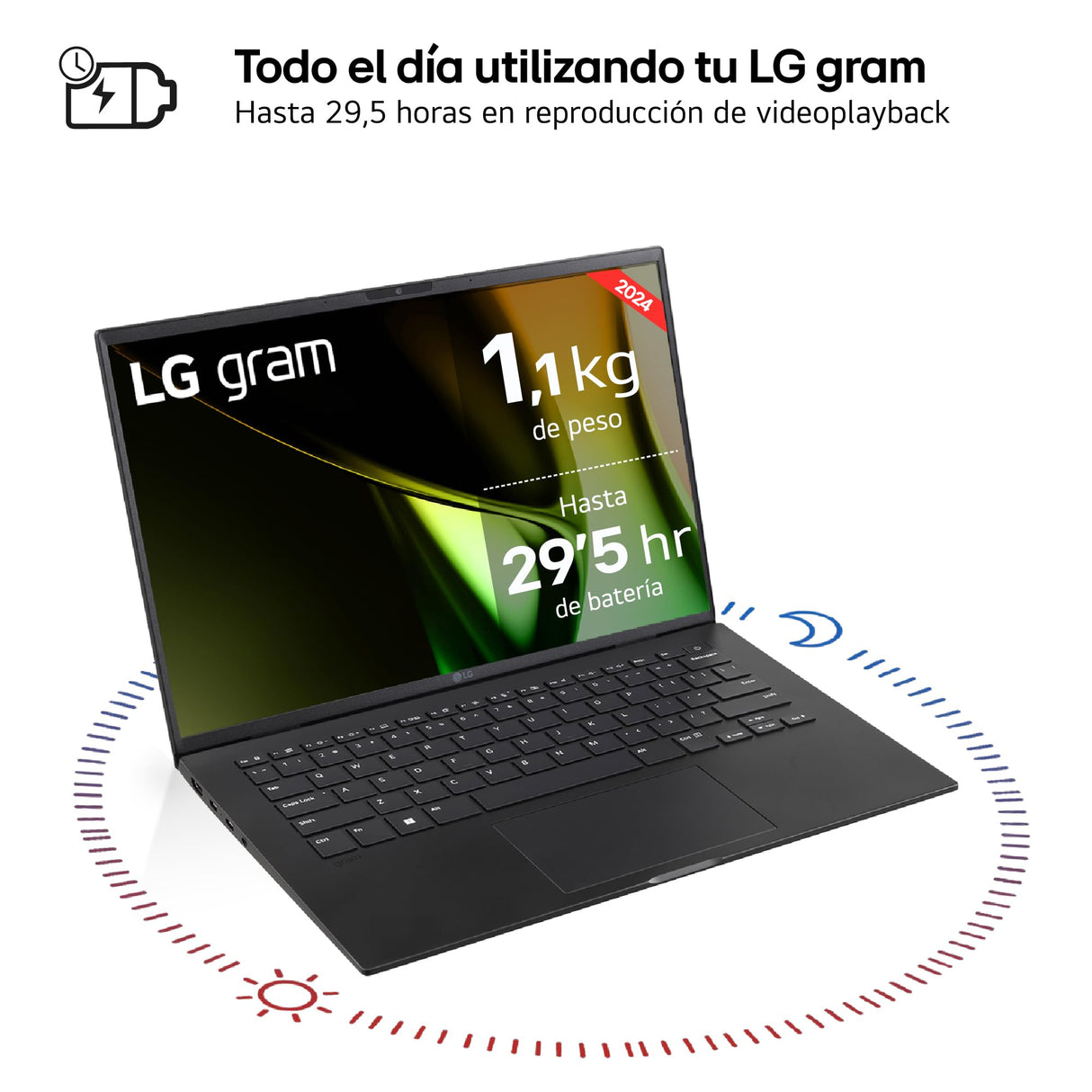 LG Gram 14ZD90S-G.AX75B - Portátil Ultraligero de 35.5 cm (14") 1920x1200, Panel IPS Antirreflejo, Intel Core Ultra 7, 16 GB RAM, 512GB SSD, 1,120 g, Batería hasta 29.5 h, FreeOS, Negro Obsidiana
