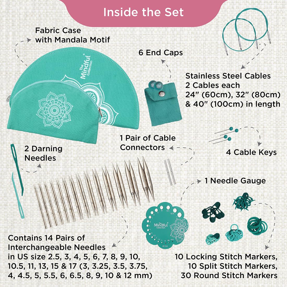 KnitPro Mindful Set de Agujas Intercambiables - Pares de Agujas Circulares de 14x13 cm con Accesorios Mindful Affection Set para Principiantes, Profesionales y Caja de Regalo