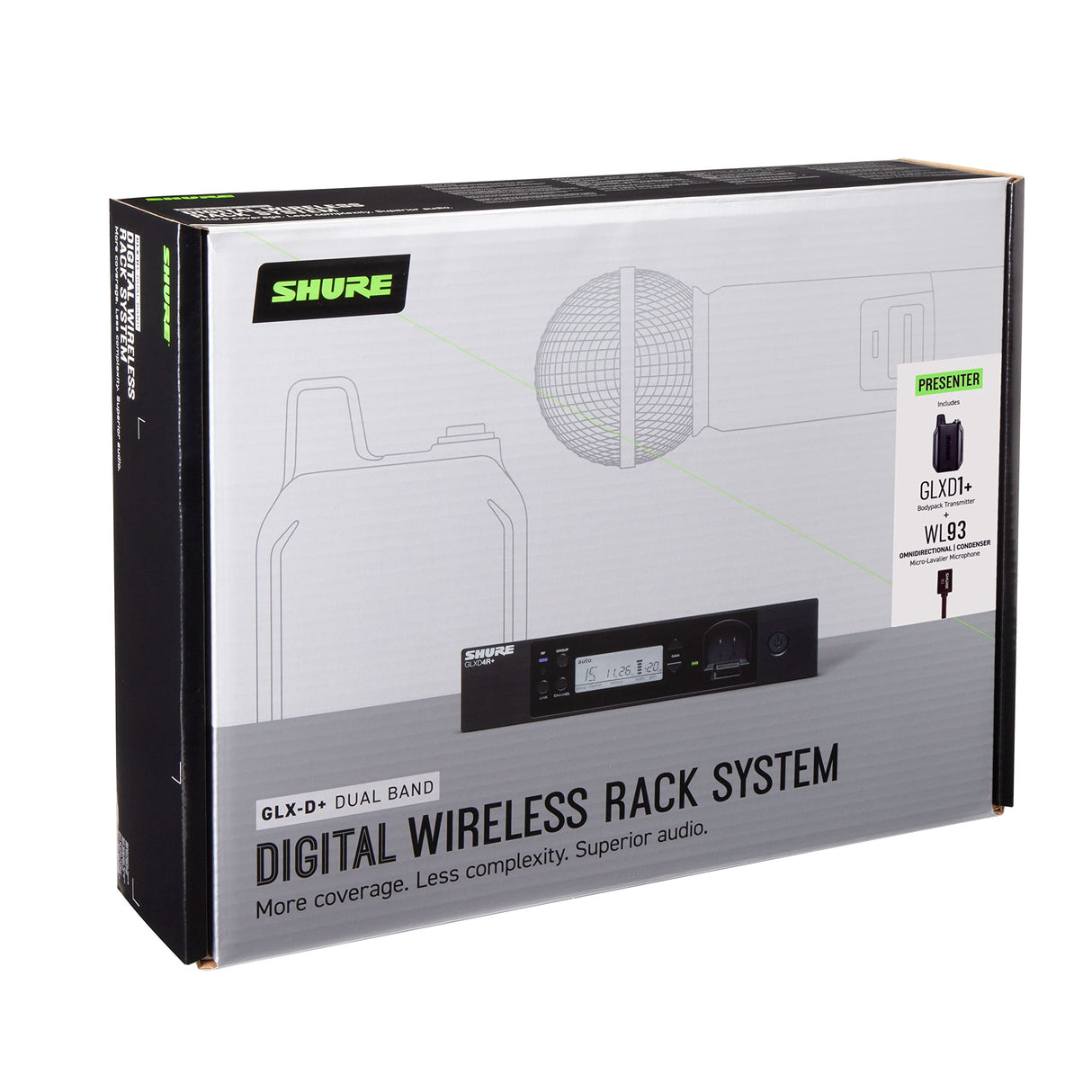 Micrófono inalámbrico Shure GLXD14R+/93 con batería de 12 Horas y Alcance de 30m. Incluye micrófono de Solapa WL93 y Receptor de Montaje en Rack de un Solo Canal.