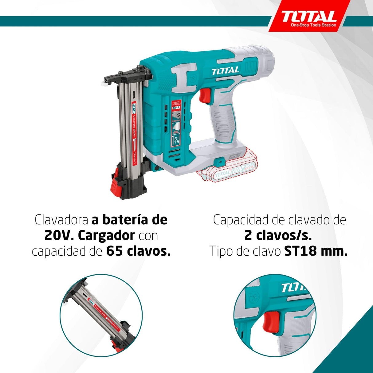 TOTAL - Clavadora a Batería 20V para Hormigón | 2 Clavos| Compatible ST18 | Cargador 65 Clavos | Modelo TCSTLI3805 | Herramienta Eléctrica con Maletín y Clavos Incluidos