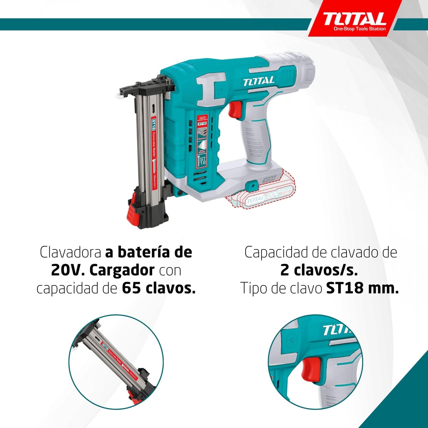 TOTAL - Clavadora a Batería 20V para Hormigón | 2 Clavos| Compatible ST18 | Cargador 65 Clavos | Modelo TCSTLI3805 | Herramienta Eléctrica con Maletín y Clavos Incluidos