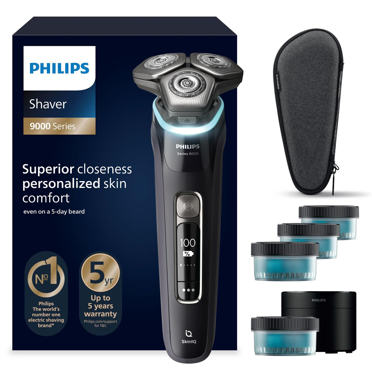 Philips Serie 9000 Afeitadora Eléctrica Hombre, Máquina de Afeitar Barba con Recortadora, 60min de uso, En Seco y Húmedo, Recargable, Centro de Limpieza, Base Carga, 4 Cartuchos, S9976/63, Negro