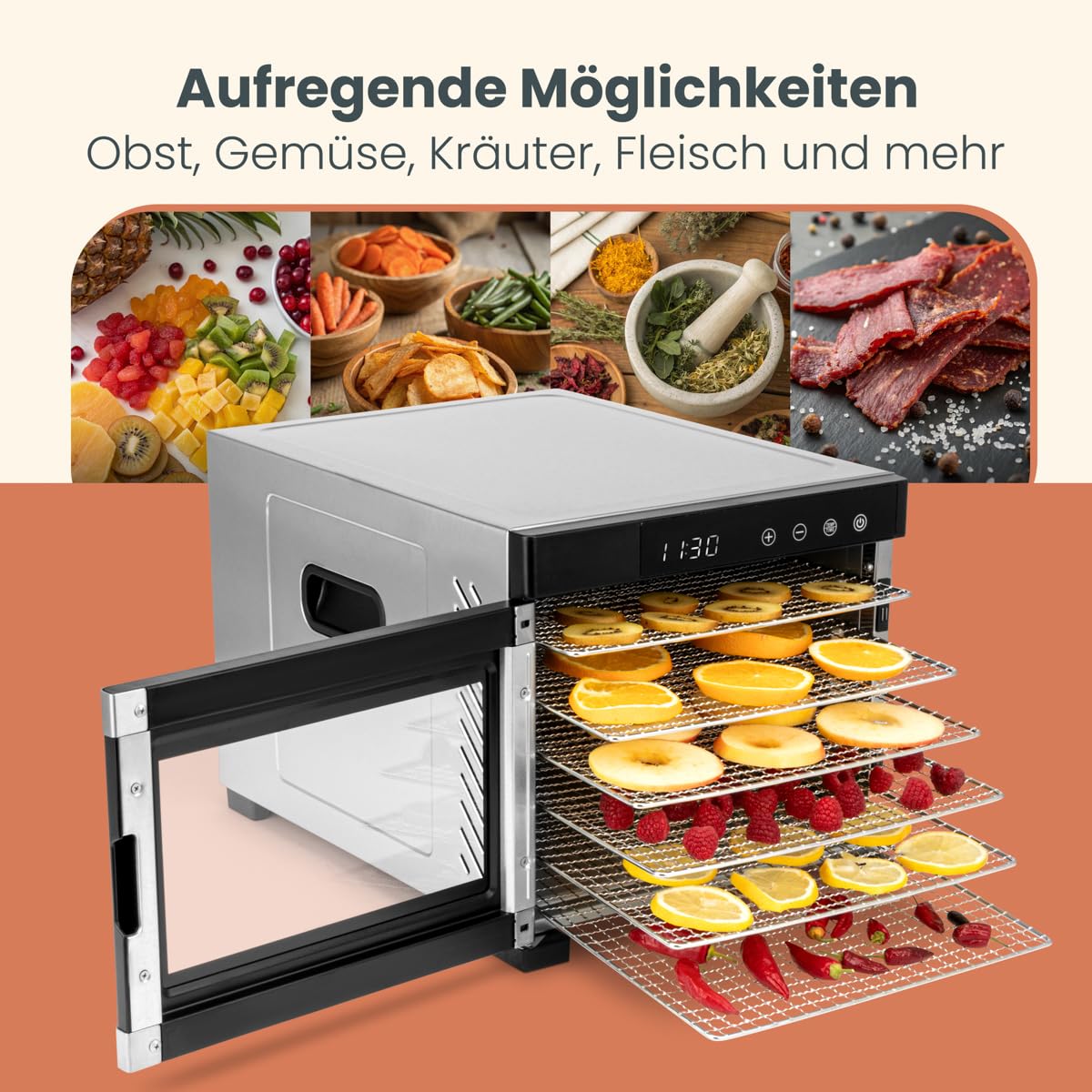 Proficook PC-DR1218 Deshidratador de Alimentos, 6 Bandejas Acero Inoxidable, Temperatura Ajustable 35-75°C, Temporizador 30 min - 24 h, Seca Frutas, Verduras, Carne, Hierbas