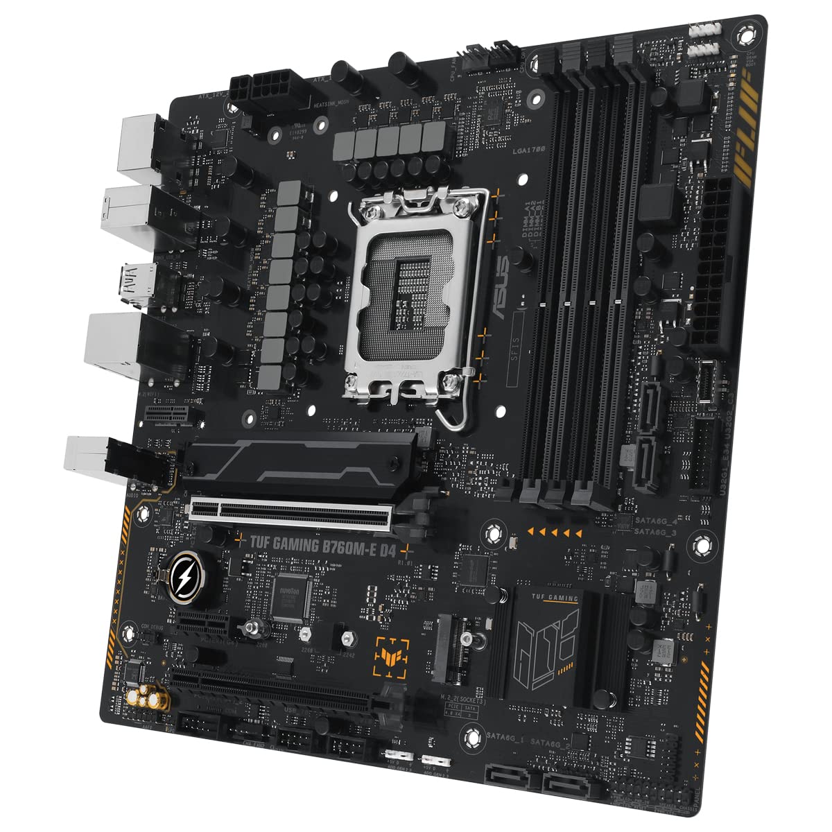 TUF GAMING B760M-E D4 - Placa base Intel B760 (LGA 1700) mATX con DDR4, PCIe 4.0, 2x M.2, 10+1 DrMOS, 2.5Gb Ethernet, M.2 vertical (Key E), Wi-Fi, USB 3.2 Gen 2 Tipo A, USB 3.2 Gen 2 Tipo C, Aura Sync