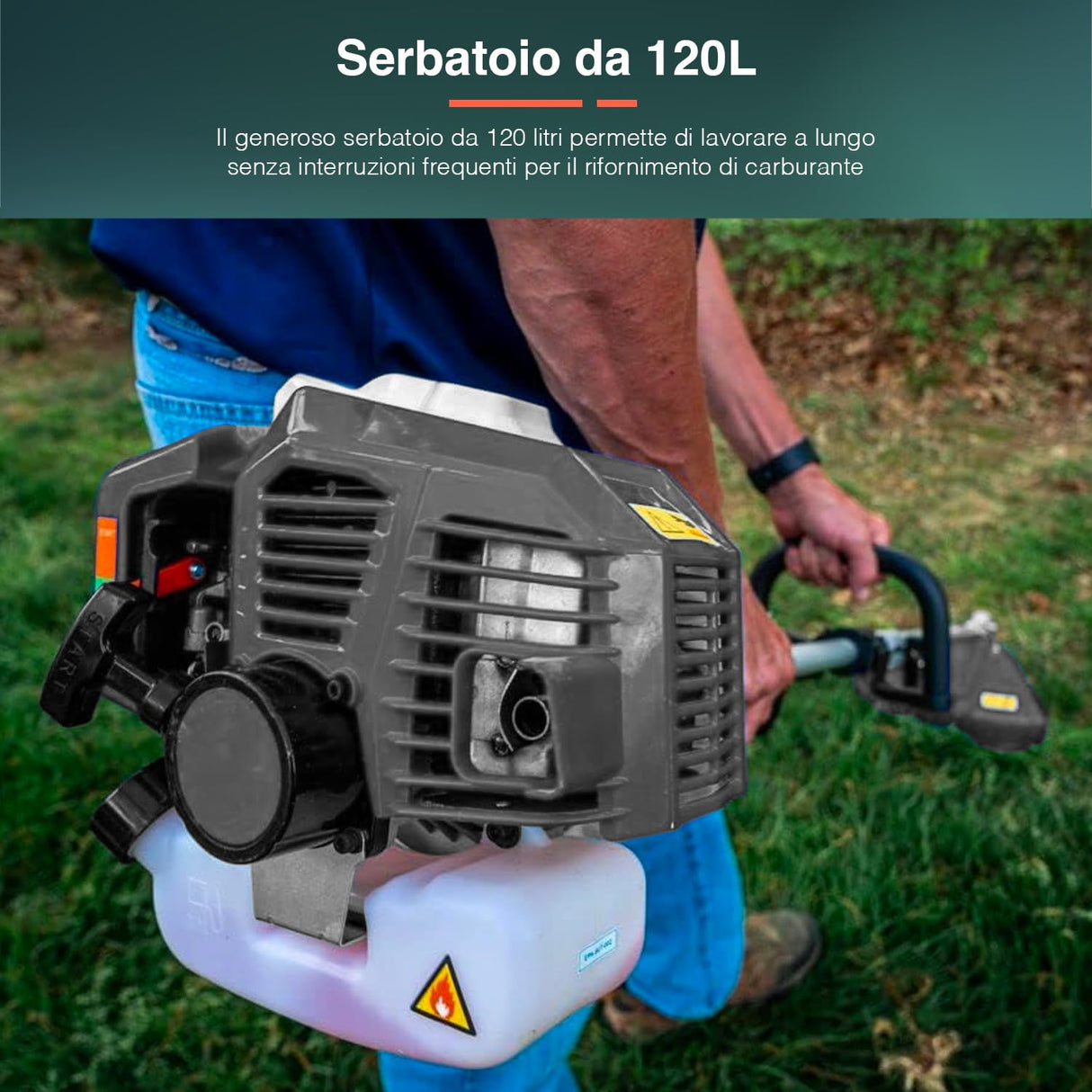 Avilia Desbrozadora de explosión de 33 CC con depósito de 120 l – Cortacésped Profesional 1,2 HP, Mango antivibración, Disco de Acero de 3 Dientes, Cabezal de Hilo Tap&Go, 2 Tiempos, carburador