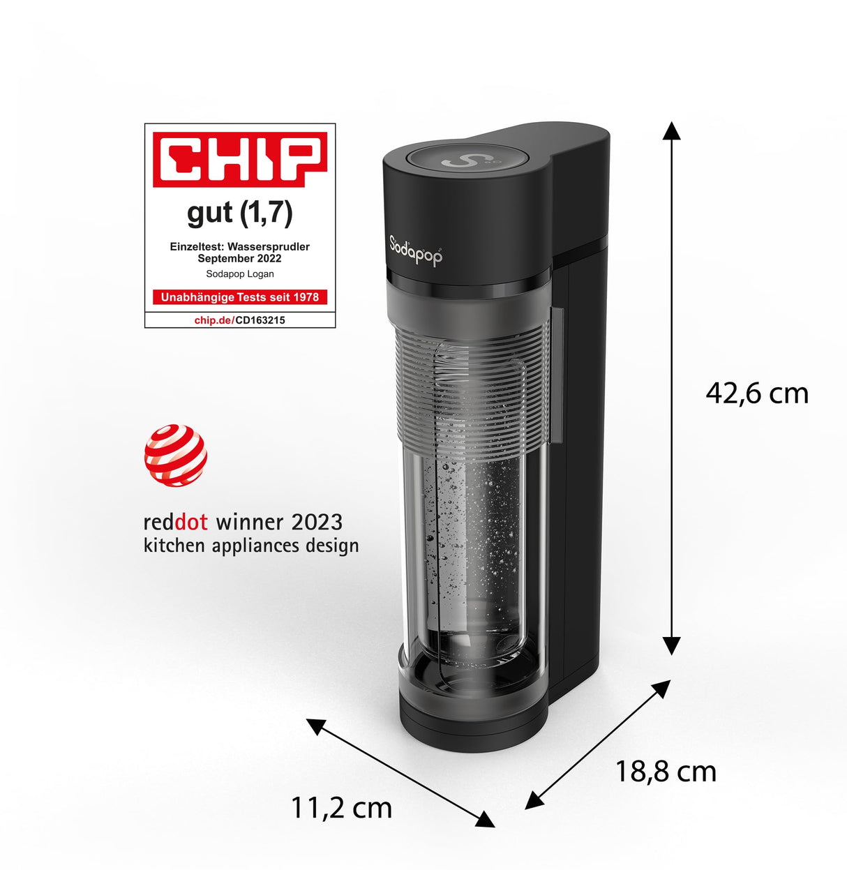 Sodapop Kit de iniciación con pulverizador de agua Logan con cilindro de CO₂, incluye 2 botellas de cristal (850 y 600 ml) y 1 botella de PET (850 ml), color negro mate, altura 42,6 cm