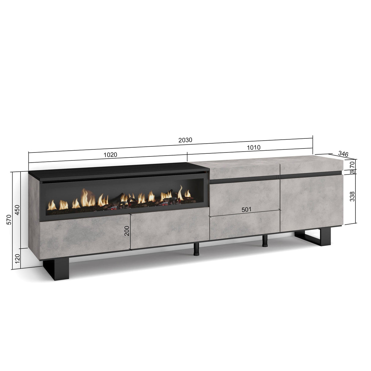 Skraut Home | Mueble TV | Televisión | Muebles de salón, almacenaje | 200x57x35cm | para TV hasta 80" | Chimenea eléctrica | Diseño Industrial | Estilo Moderno | Cemento