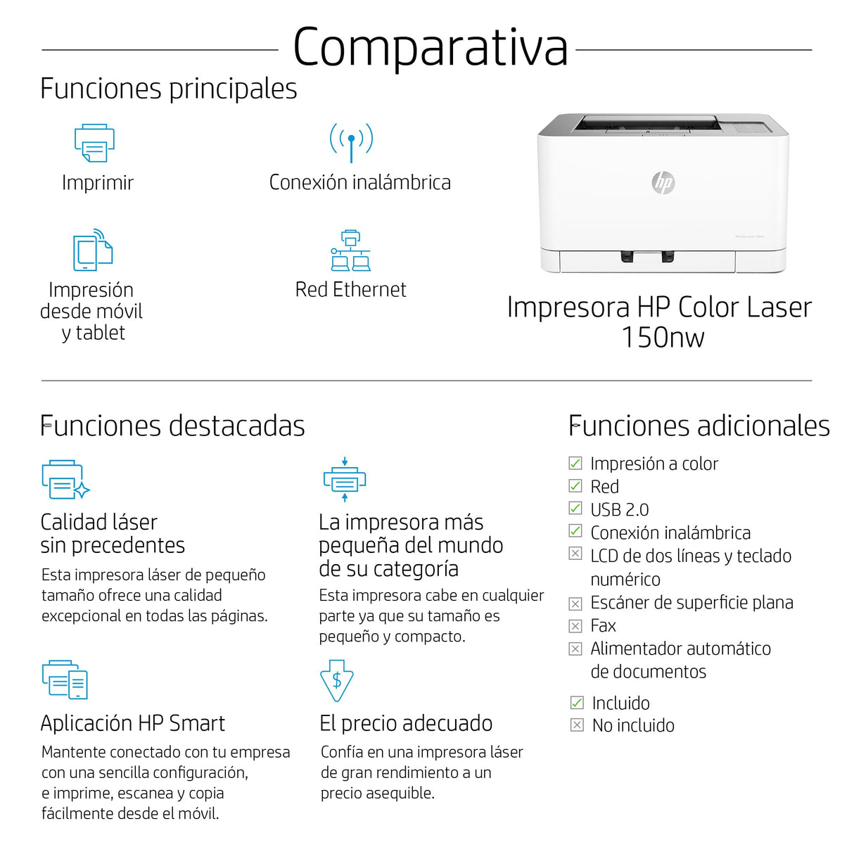 HP Color Laser 150nw 4ZB95A, Impresora Láser Monofunción A4 a color, impresión a doble cara manual, Wi-Fi, Ethernet, USB 2.0 alta velocidad, Compatible con HP Smart App, Panel de control LED, Blanca