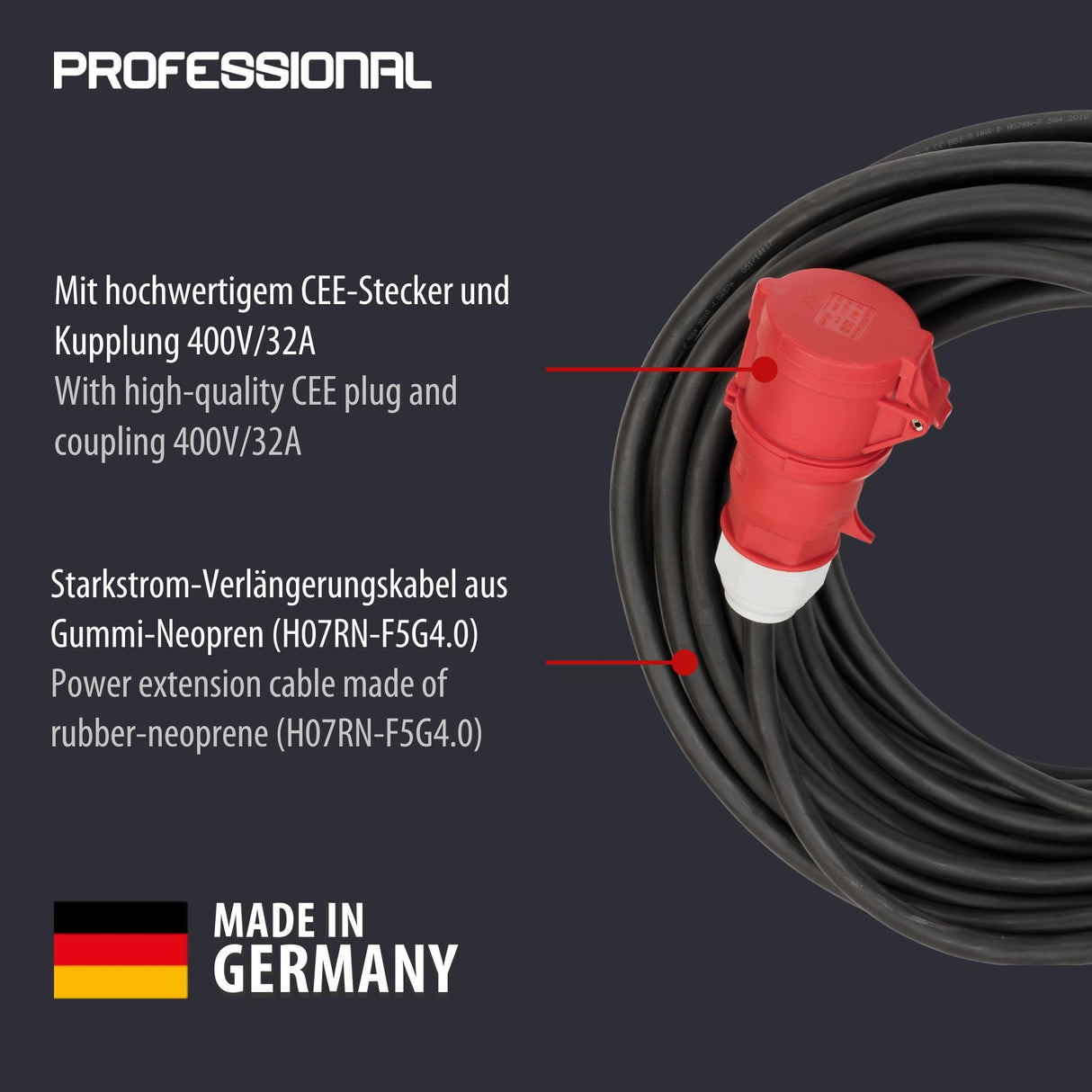 Brennenstuhl Professional Cable alargador de Enchufe CEE 400V/32A (Cable de 25 m, 5 Polos, Conector CEE, para Uso en Exteriores, Fabricado en Alemania) Negro