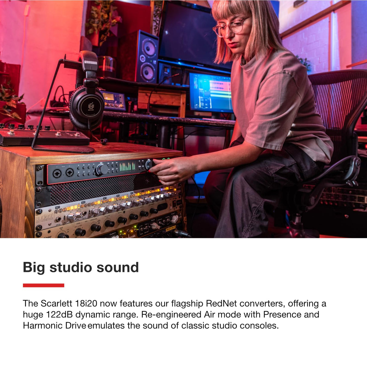 Focusrite Scarlett 18i20 interfaz de audio USB de 4.ª gen. para grabación multipista, producción y pódcast. Grabación con sonido de estudio y alta fidelidad, más todo el software que necesitas