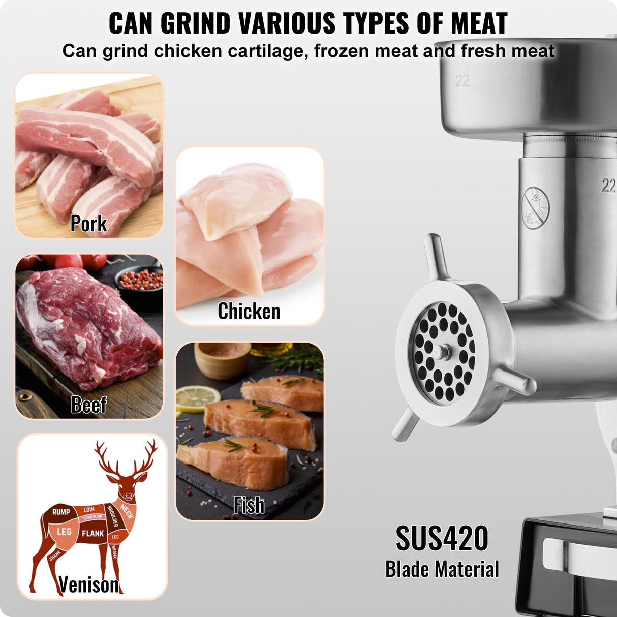 VEVOR Picadora de Carne Eléctrica Industrial de Encimera, Capacidad de 6,36 kg/Min, con Cuchilla, Placa Molienda, para Hacer Salchichas, Acero Inoxidable, para Cocina y Restaurante, 570 x 270 x 470 mm