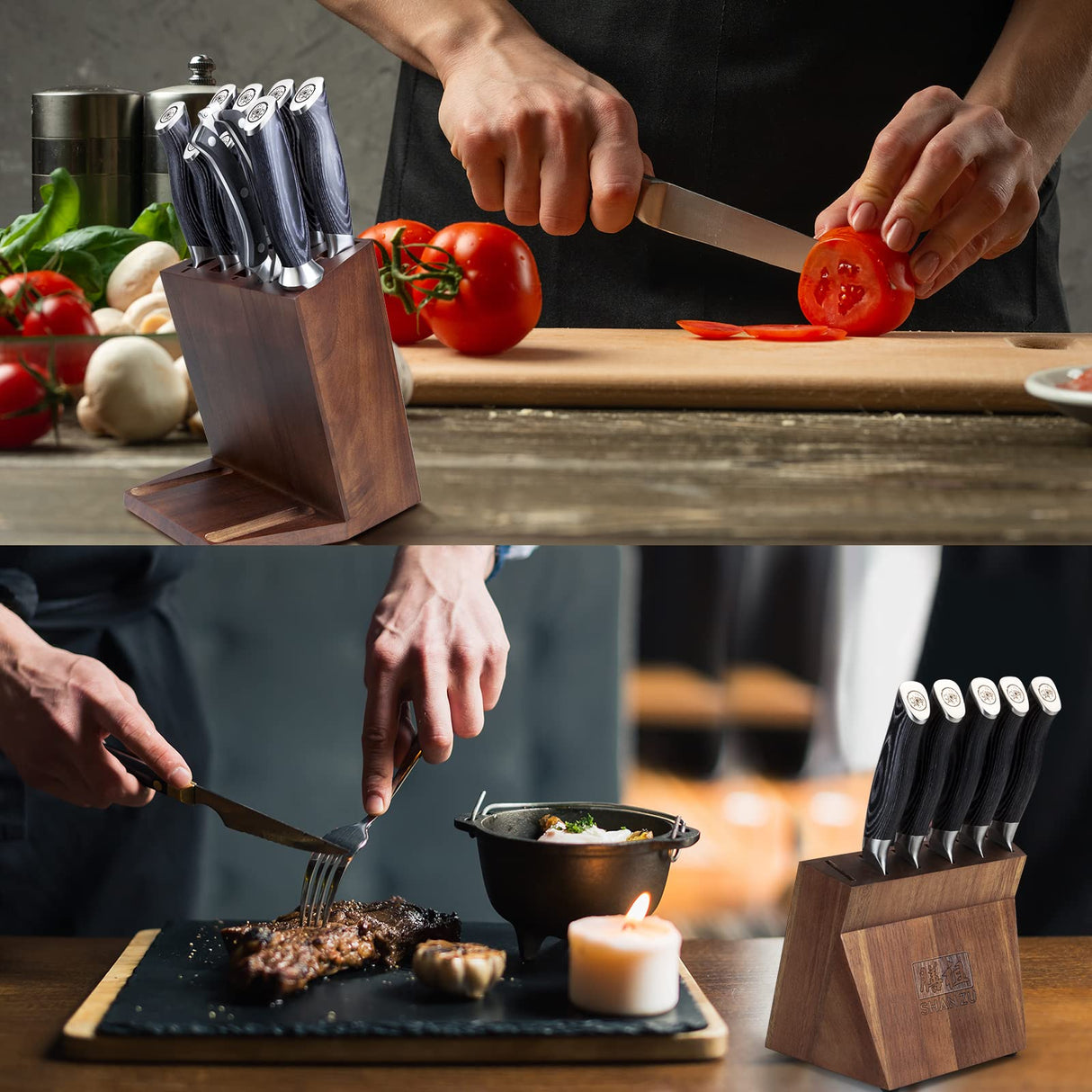 SHAN ZU Juegos de Cuchillos con Bloque, Juego de Bloque de Cuchillos, Juegos de Cuchillos de Cocina Japoneses de Súper Acero con Bloque Extraíble y Mango Ergonómico K133, Serie Genbu de Tortuga Negra
