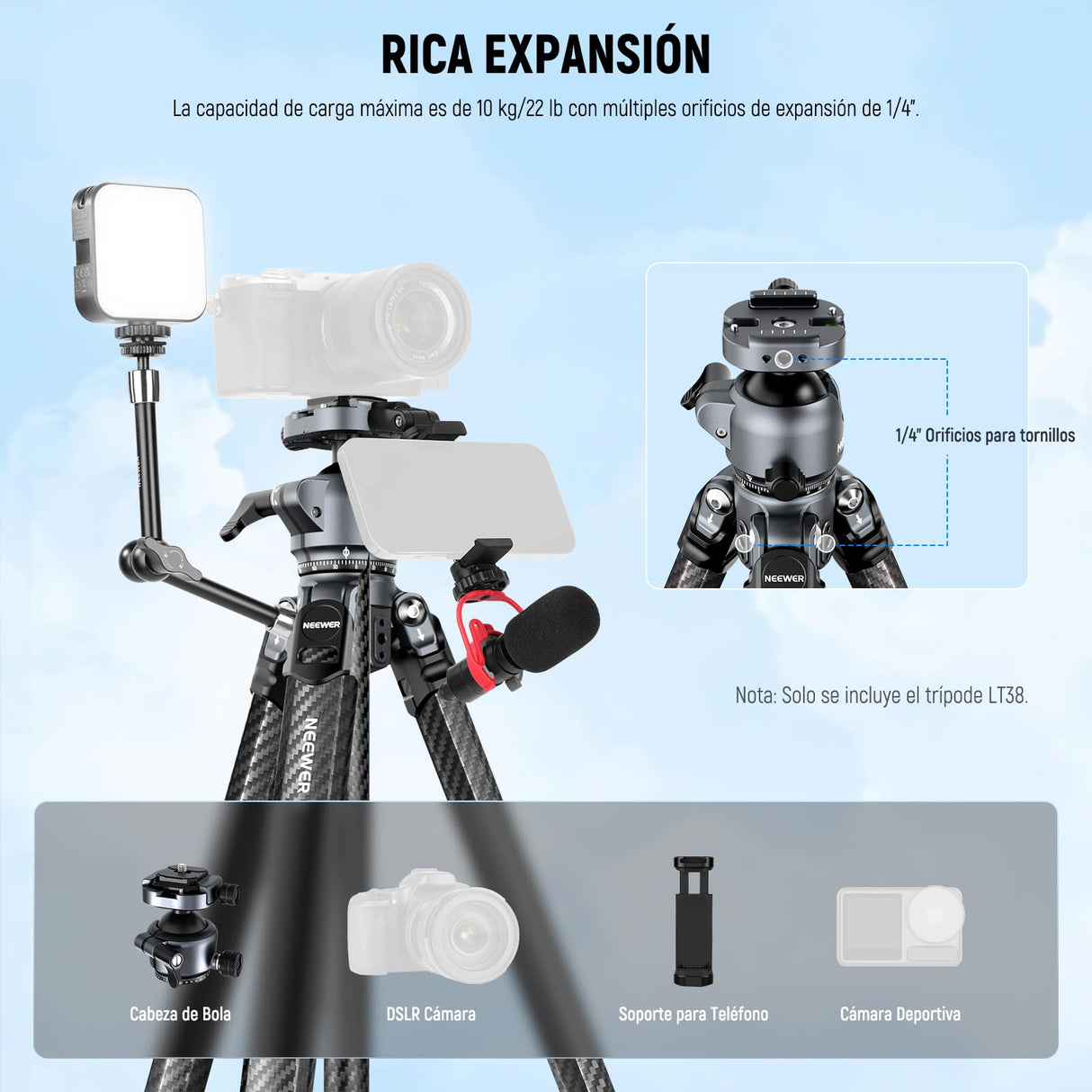 NEEWER LITETRIP LT38 - Trípode de viaje de fibra de carbono de 61 pulgadas para cámara, cabezal de bola de perfil bajo de inclinación panorámica de 360°, eje central flexible, placa QR Arca compatible