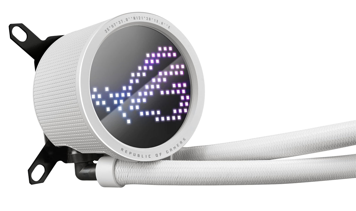 ASUS ROG RYUO III 240 ARGB White Edition Enfriador líquido todo en uno AIO de CPU de 240 mm, solución de bomba Asetek de 8ª generación, pantalla LED Anime Matrix™ y ventilador ROG AF 12S ARGB.