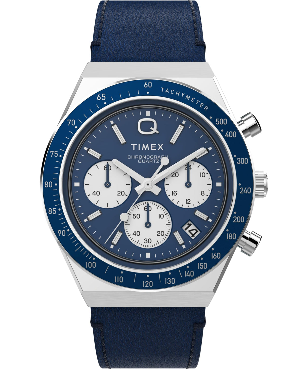 Timex Reloj Q Chronograph - Reloj de 40 mm para hombre, cuero azul, correa de liberación rápida de dos piezas, esfera azul, caja de acero inoxidable TW2W51700
