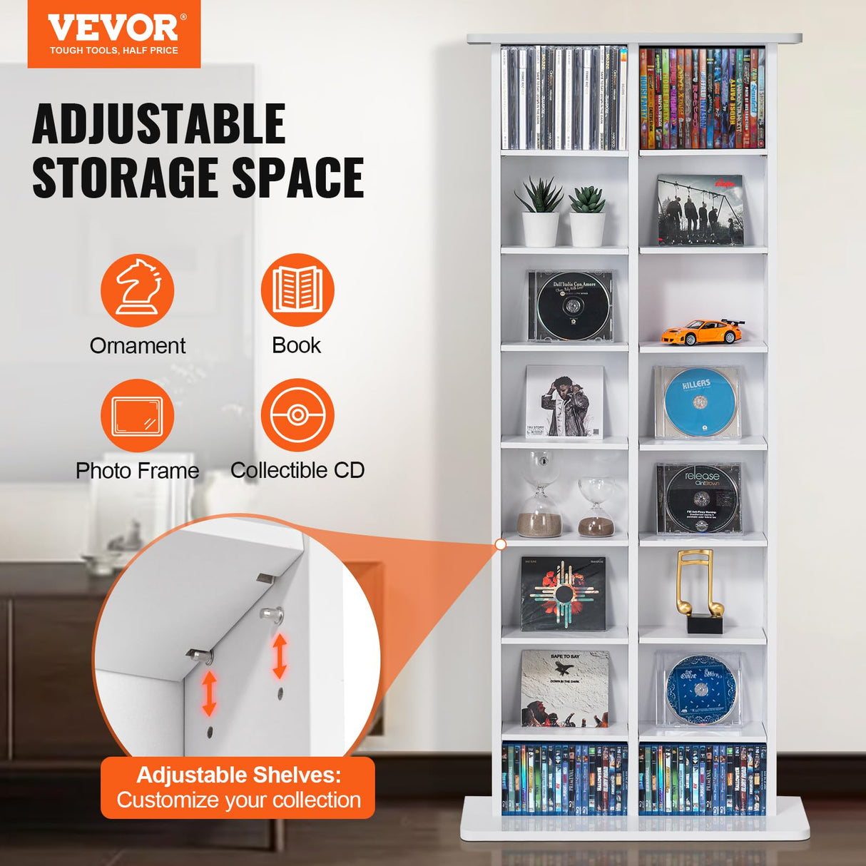 VEVOR Mueble de Almacenamiento Multimedia Mueble para DVD de 8 Capas Capacidad para 464 CD 16 Compartimentos Estantes Ajustables de CD para Colecciones de Música, Películas, Videojuegos, Blanco