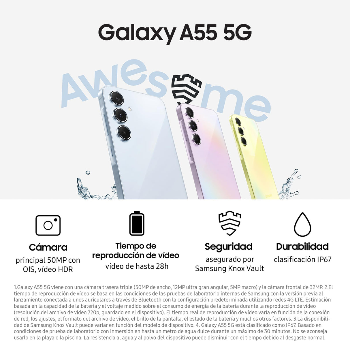 Samsung Galaxy A55 5G 128GB + Funda Transparente - Teléfono Móvil Android, Smartphone Libre, Batería de Larga Duración, Cámara 50MP, Violeta (Versión Española)