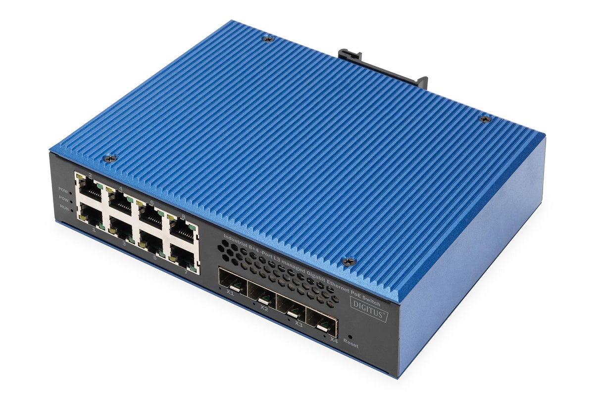 DIGITUS Conmutador de Red PoE - 12 Puertos Gigabit Ethernet - 8X RJ45 + 4X SFP+ 10 Gigabit - IP40 - L3 gestionado, VLAN - 10/100/1000 Mbit/s - Montaje en Carril DIN - Serie Industrial - Negro/Azul